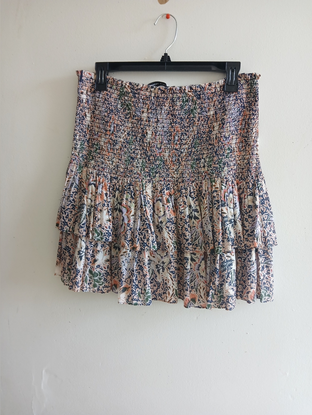 Rebecca Minkoff Floral Smocked Tiered Mini Skirt in Cream and Navy